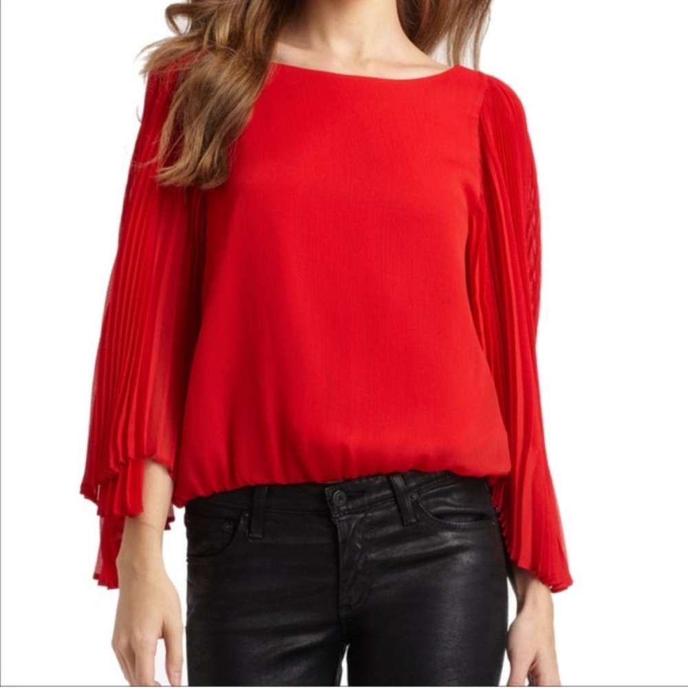 Alice + Olivia Vibrant Red Blouse with Pleated Sleeves